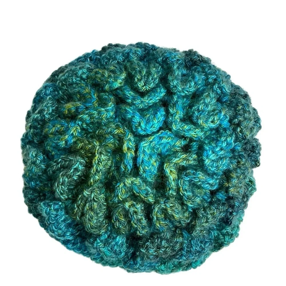 Kids Winter Beanie Hat Blue‎ Green Crocodile Dragon Scale Handcrafted Crochet